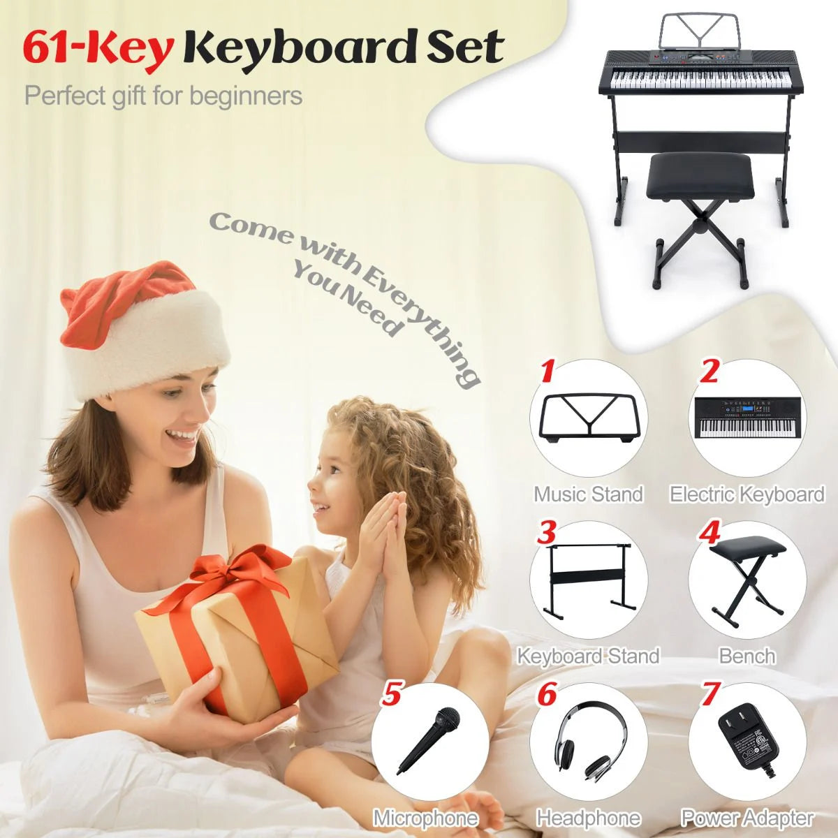 61-Key Portable Electronic Keyboard Piano Set with Stand and Stool