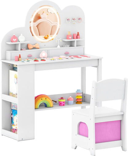 Kids Vanity with Lights Princess Vanity Table and Chair Set with 2 Drawers