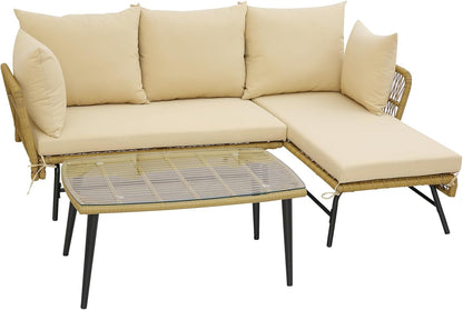 3 Pieces L Shaped Patio Conversation Set with Cushions & Tempered Glass Table