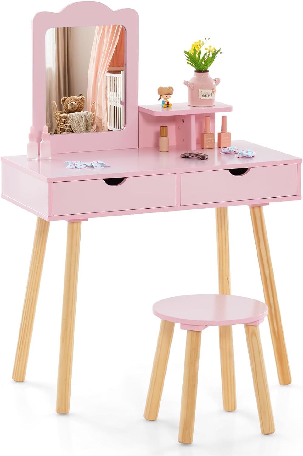 Kids Vanity Table and Stool Set with Square Mirror and Storage Shelf