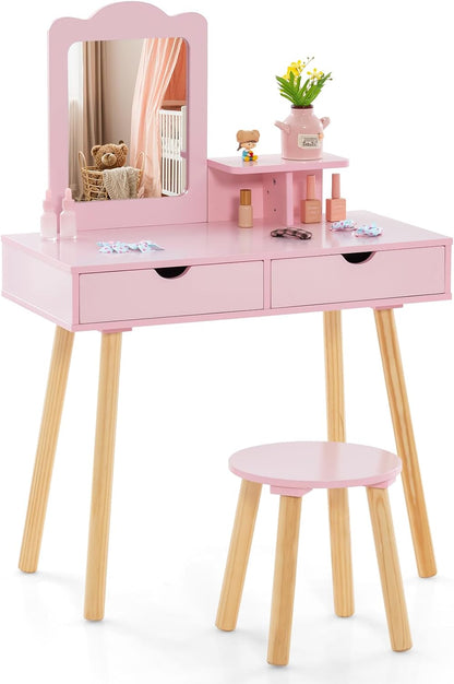 Kids Vanity Table and Stool Set with Square Mirror and Storage Shelf