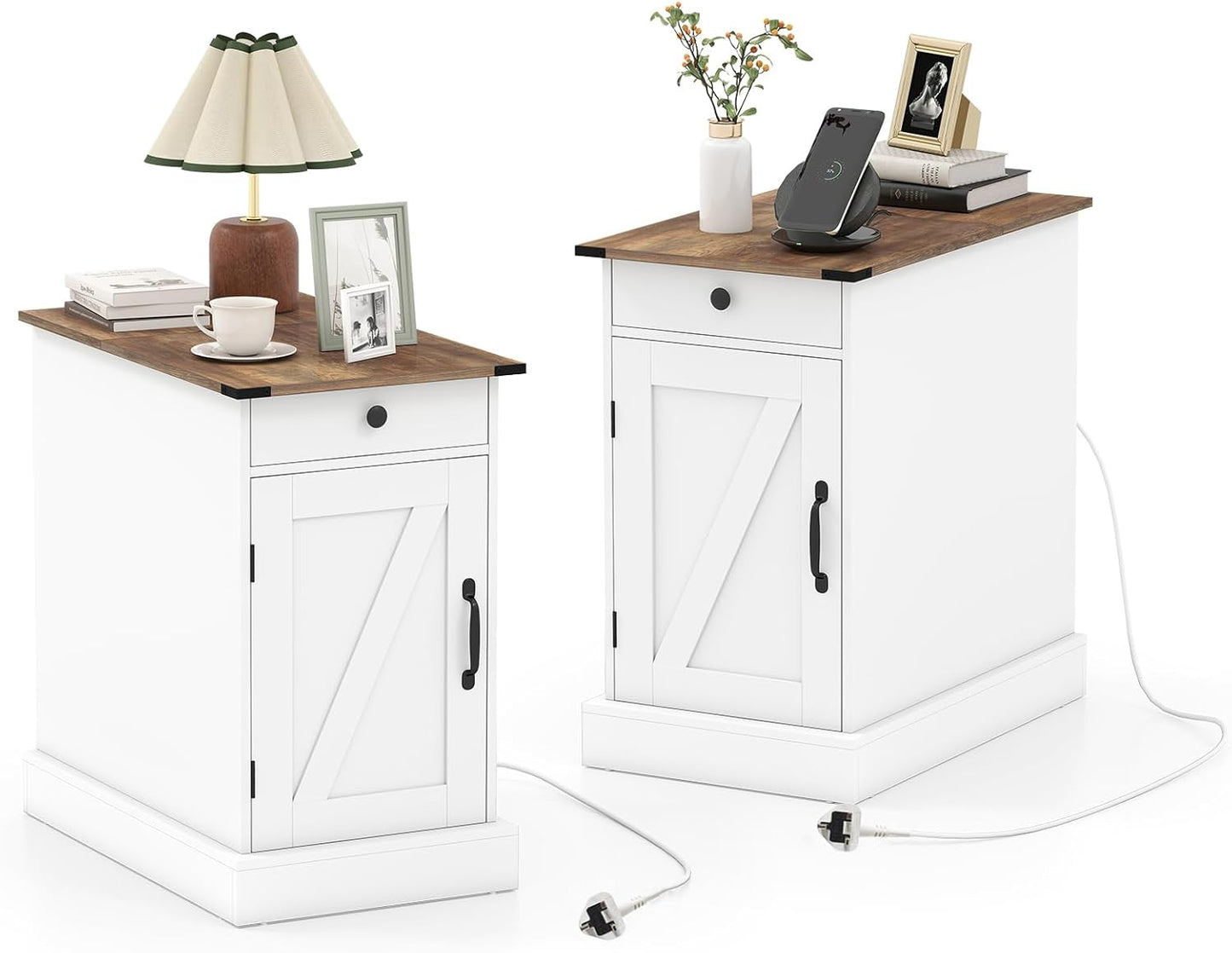 End Table with Charging Station Farmhouse Bedside Table with Storage Drawer