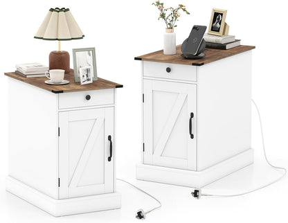 End Table with Charging Station Farmhouse Bedside Table with Storage Drawer