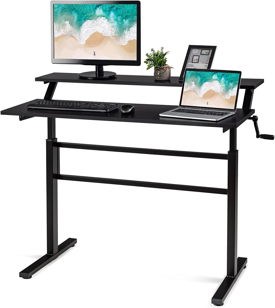 2-Tier Standing Desk with Adjustable Height and Crank Handle