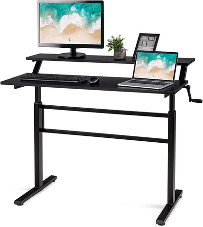 2-Tier Standing Desk with Adjustable Height and Crank Handle