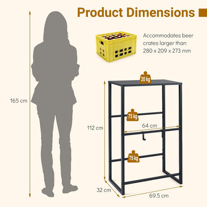 3-Tier Drink Crate Rack, Metal Bottle Storage Shelf with 3 Adjustable Angles & 2 Hooks