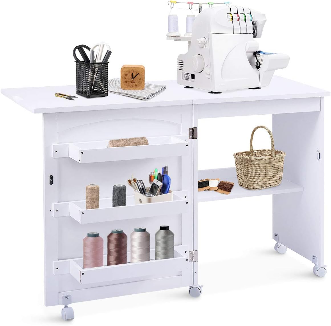 2-in-1 Rolling Folding Sewing Table with Storage Shelves and Lockable Casters