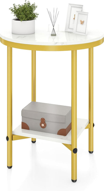 Round Side Table, 2-Tier Faux Marble Nightstand Sofa End Table