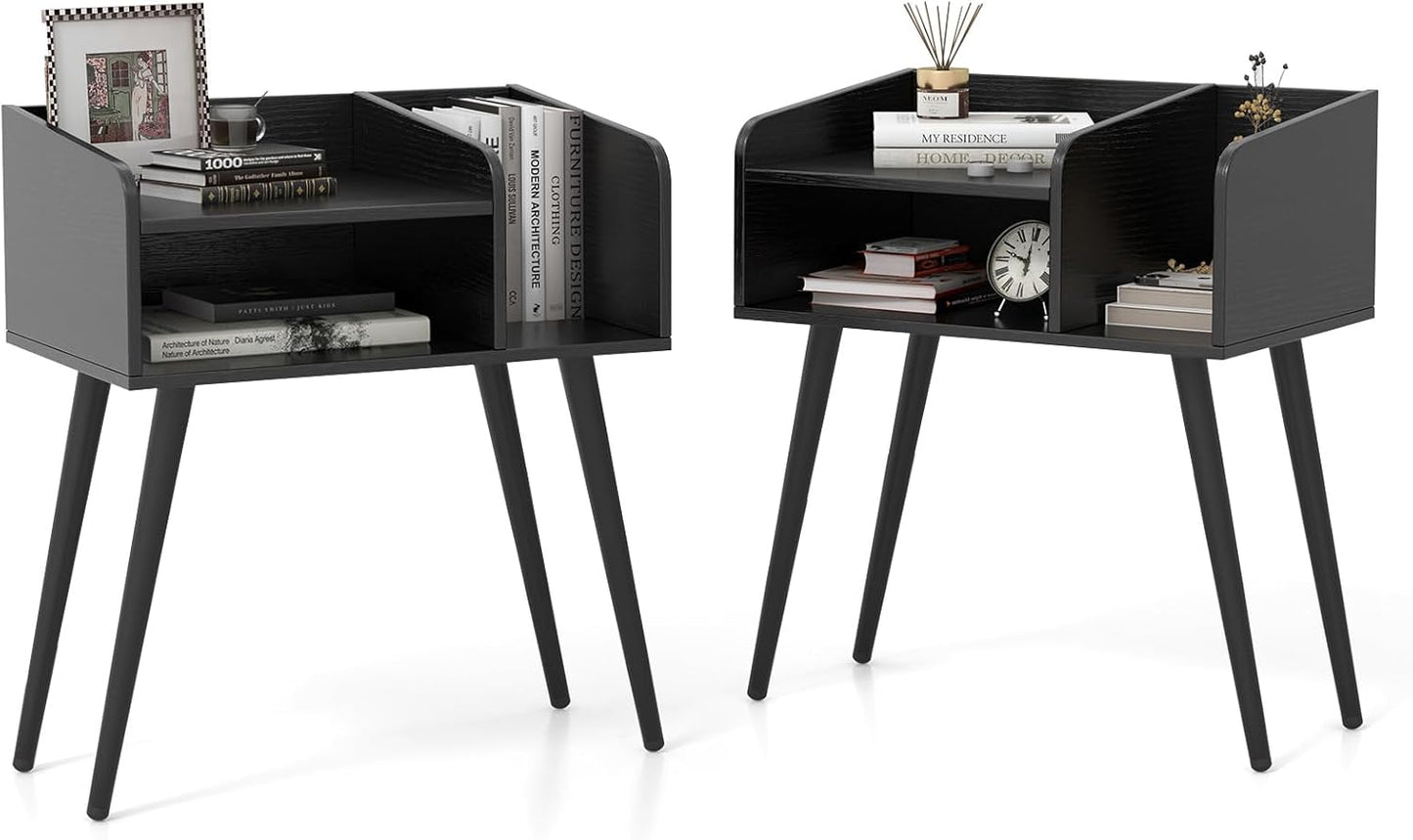 2-Tier Mid Century Modern Nightstand with Open Shelves