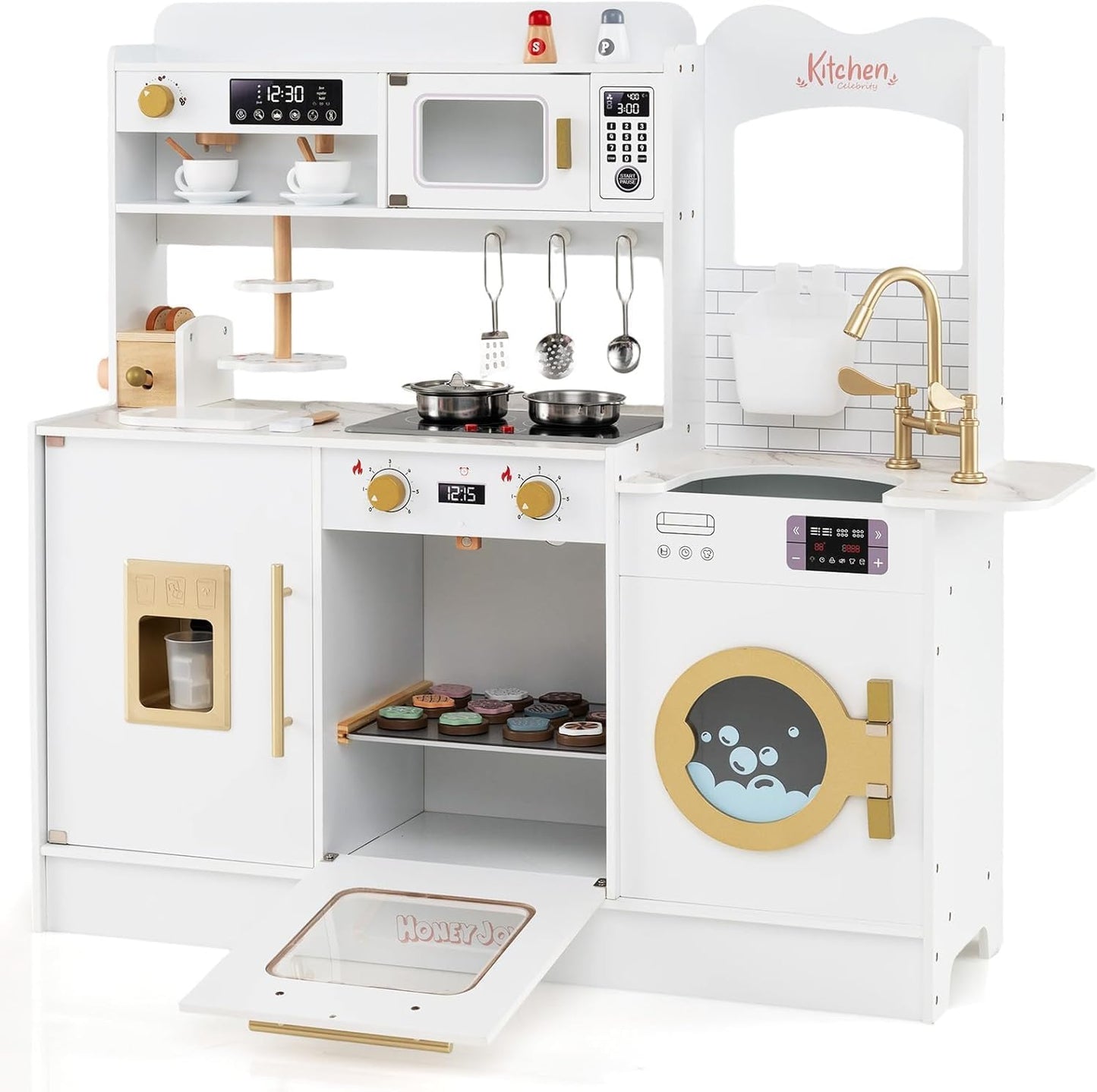 Kids Wooden Kitchen, Pretend Play Kitchen with Light, Sound, Sink & Faucet