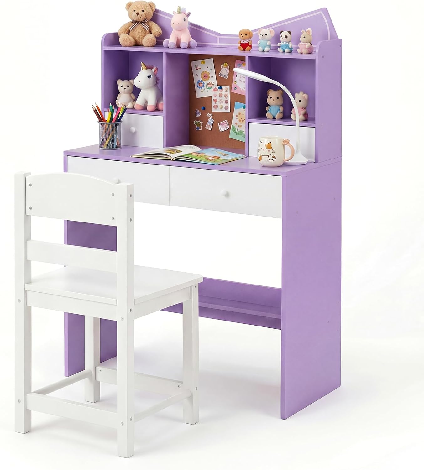 Kids Desk and Chair Set, Wooden Student Study Table with Drawers