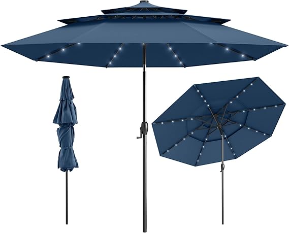 3M 3-Tier Heavy Duty 8-Ribs Solar Patio Umbrella with 32 LED Lights