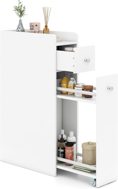 Small Bathroom Storage Cabinet 4-Tier Narrow Toilet Side Storage Cabinet with Slide Out Drawers on Casters