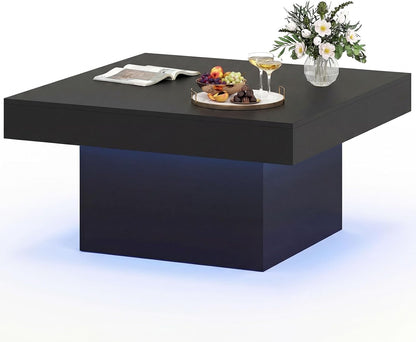 LED Coffee Table, 90x90cm Square Cocktail Center Table with 20-Color RGB LED Lights
