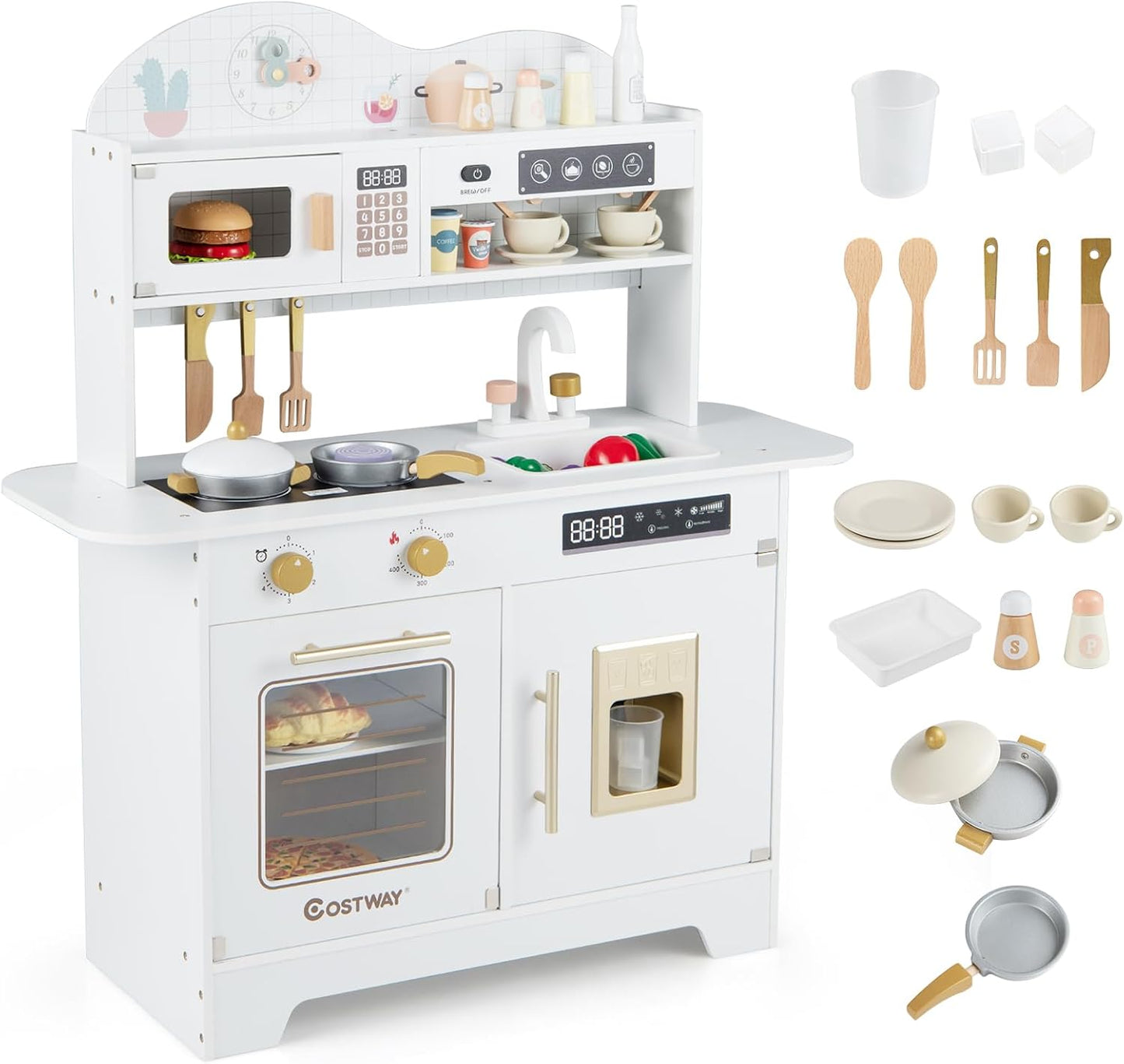 Wooden Toy Kitchen, Kids Pretend Play Kitchen with 17 Pcs Accessories