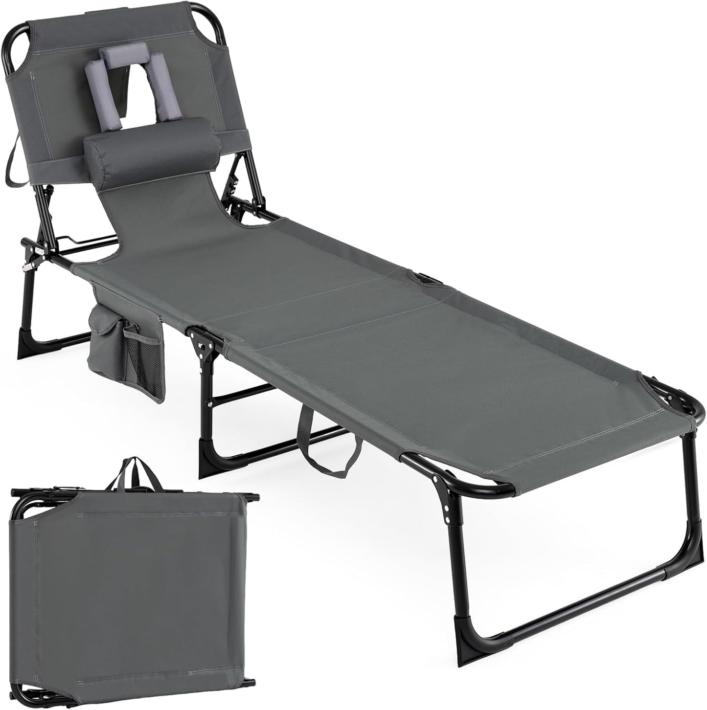 Folding Sun Lounger with Face Hole, 4-Position Adjustable Outdoor Chaise Lounge Chair