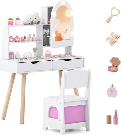 Kids Vanity Set Pretend Play Dressing Table Set with 3-Color Lighting Modes