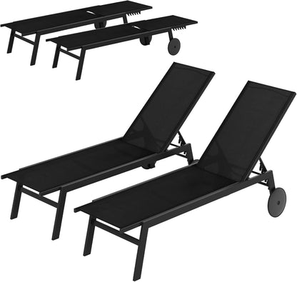 Patio Chaise Lounge Chair with Wheels Outdoor Recliner with 6-Level Adjustable Backrest