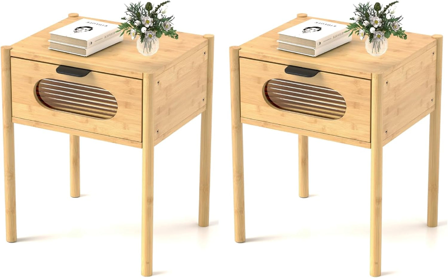 Farmhouse Bedside Table with Tempered Glass Decorated Drawer