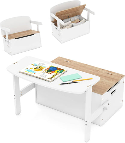 3 in 1 Toddler Table and Chair Set, Convertible Kids Bench Storage Chest with Safety Hinge