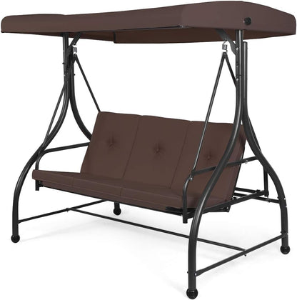 3 Seater Convertible Outdoor Hammock Bench Chair with Adjustable Canopy and Cushions