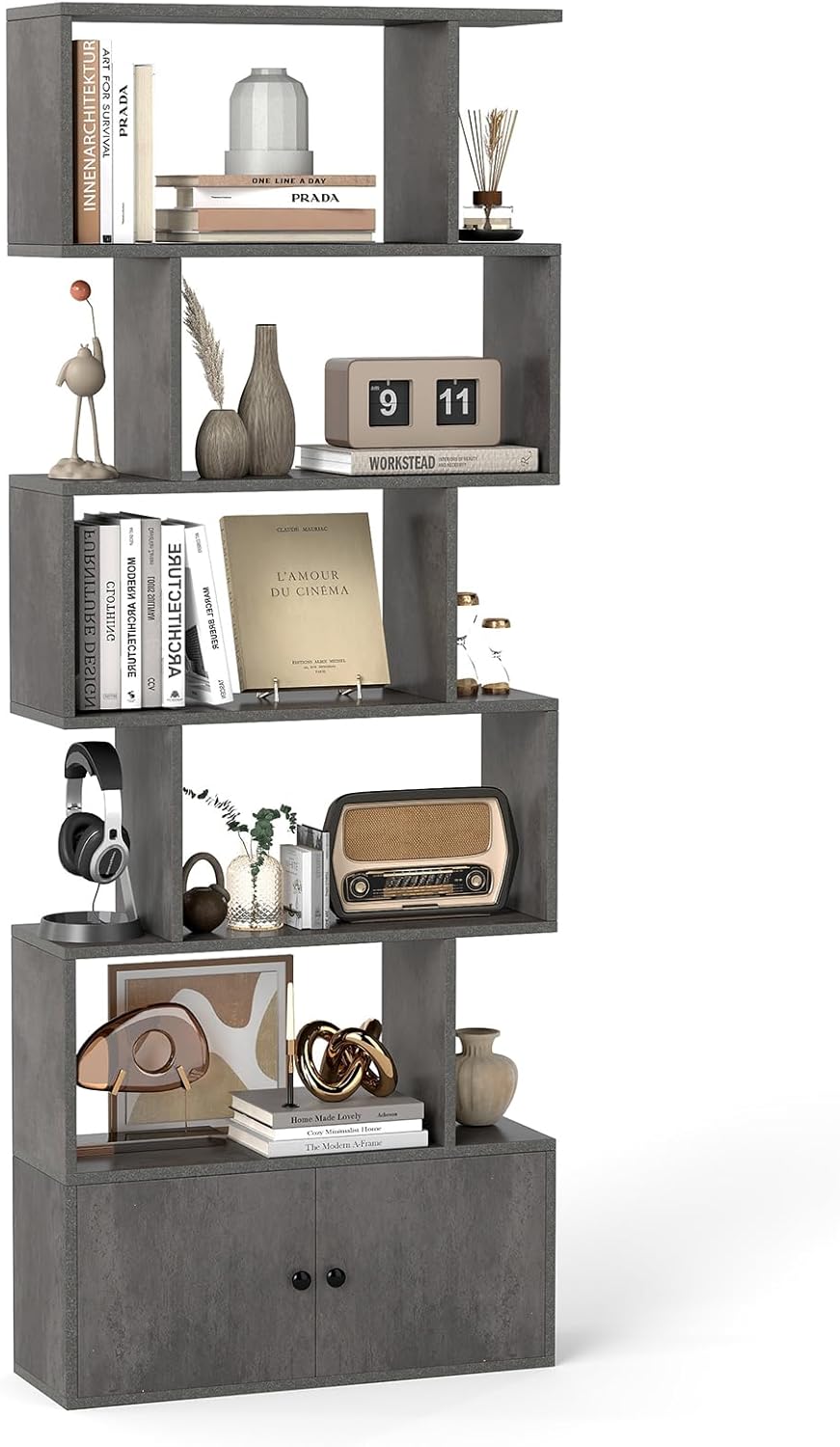 Industrial S-Shaped 5-tier Bookcase with Cabinet