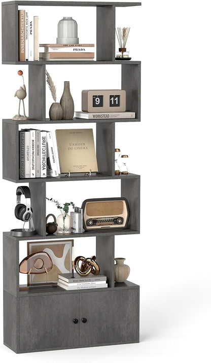 Industrial S-Shaped 5-tier Bookcase with Cabinet