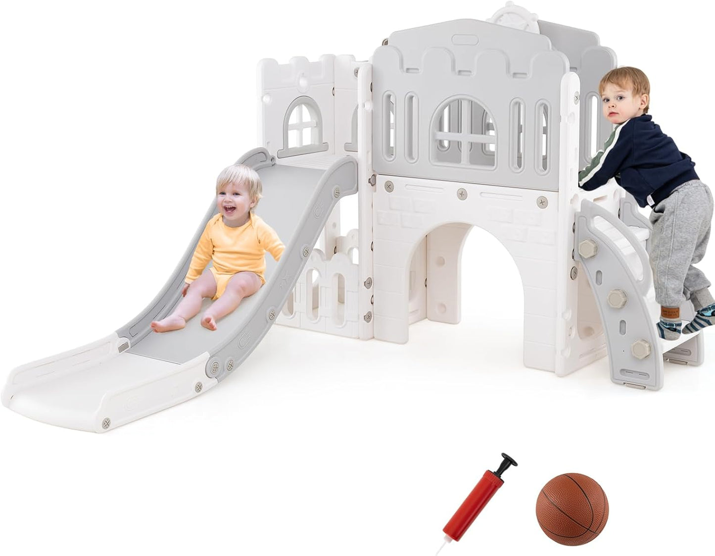 9 in 1 Toddler Slide L Shaped Kids Slide and Climber Playset with Basketball Hoop
