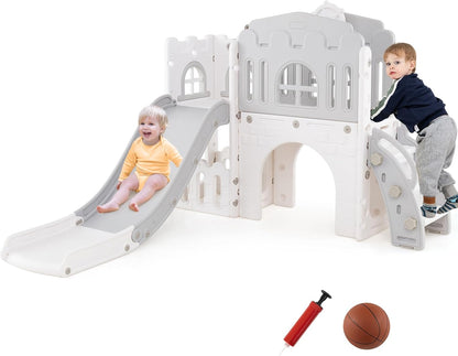 9 in 1 Toddler Slide L Shaped Kids Slide and Climber Playset with Basketball Hoop