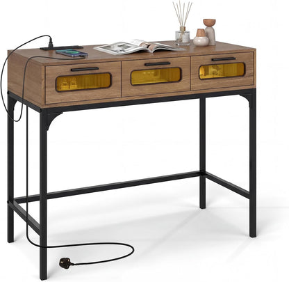 Console Table with LED Lights and Charging Station, 90cm Narrow Entryway Table with 3 Drawers