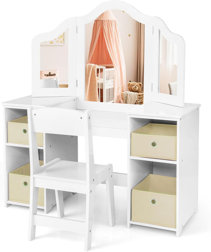 Kids Vanity Set with Tri-Folding Detachable Mirror and 4 Storage Bins