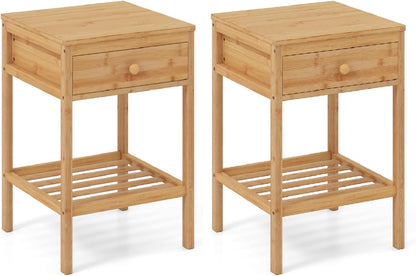 Bamboo Nightstand Bedside Table with Storage Drawer and Open Shelf
