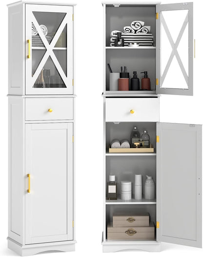 Wooden Freestanding Bathroom Tall Cabinet with 2 Doors & Adjustable Shelves