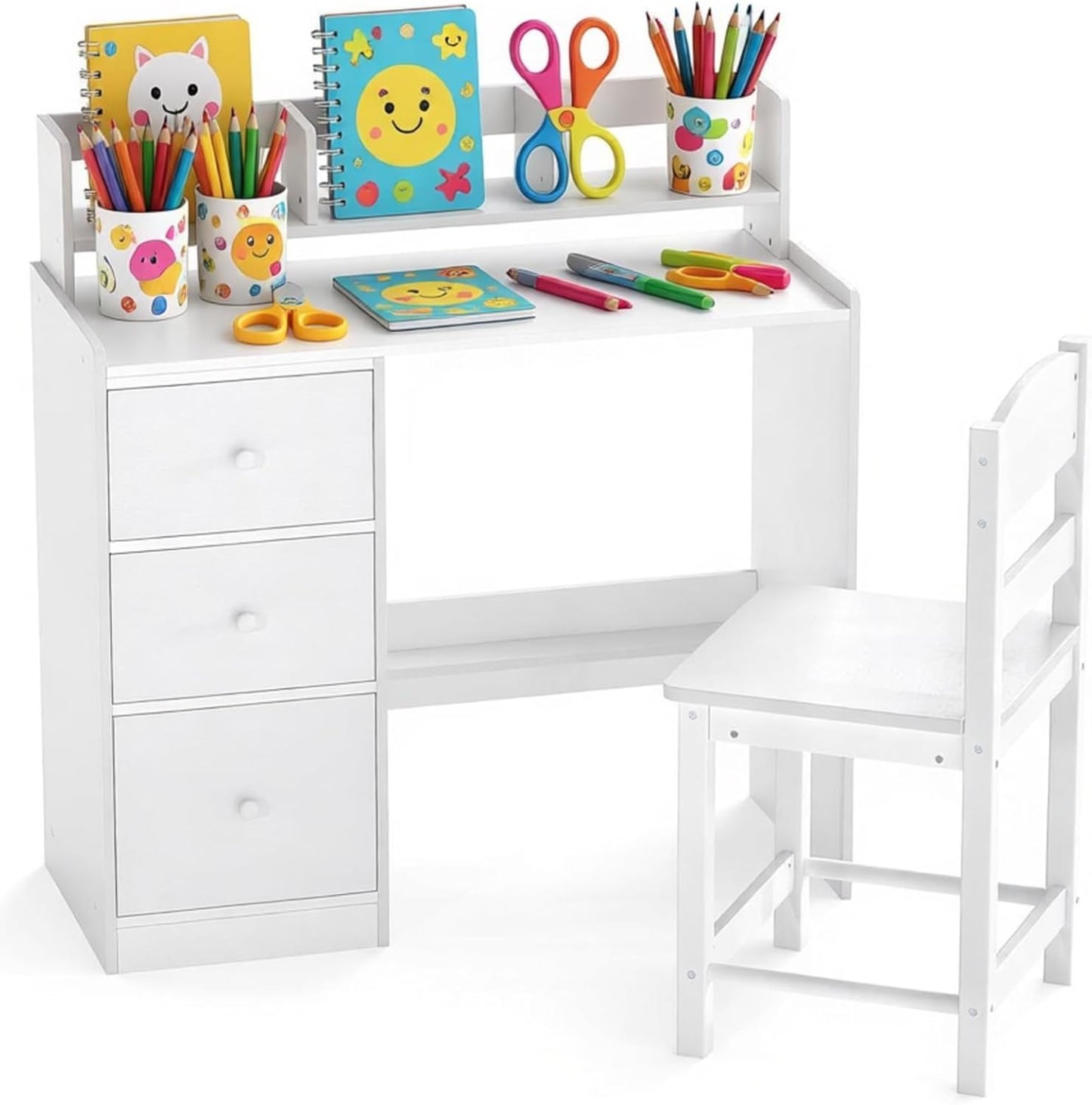 Kids Table and Chair Set, Wooden Children Desk and Chair with 3 Drawers