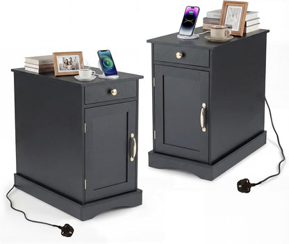 End Table Narrow Nightstand Bedside Table with Charging Station