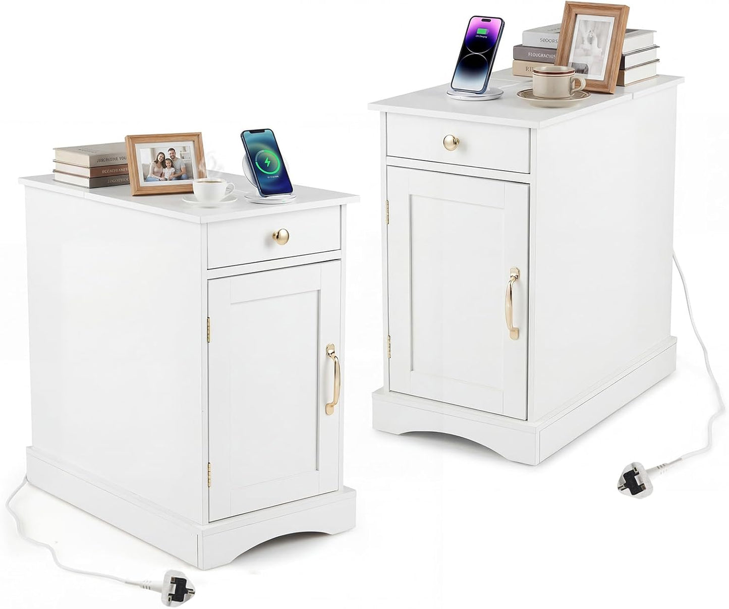End Table Narrow Nightstand Bedside Table with Charging Station