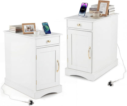 End Table Narrow Nightstand Bedside Table with Charging Station