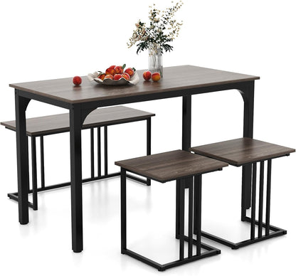 Metal Frame Dining Table and 2 Stool Set with 1 Bench