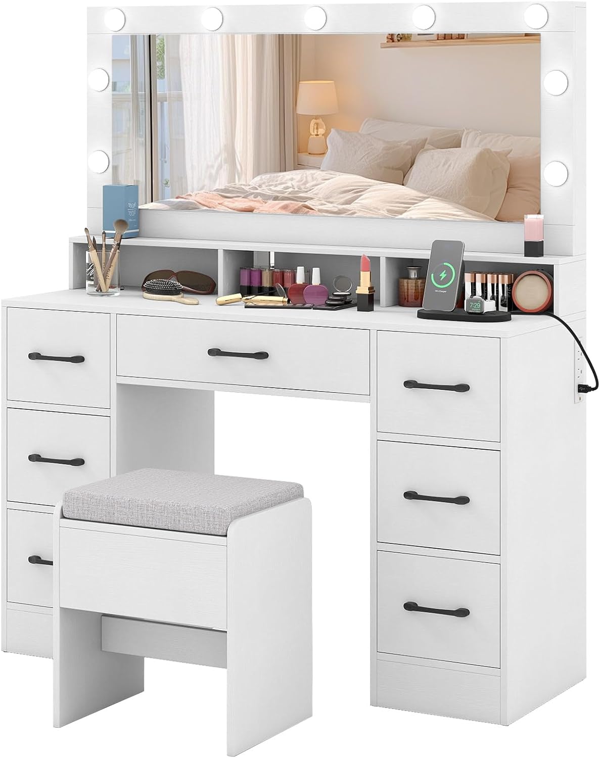 Dressing Table with Large Mirror and Cushioned Storage Stool