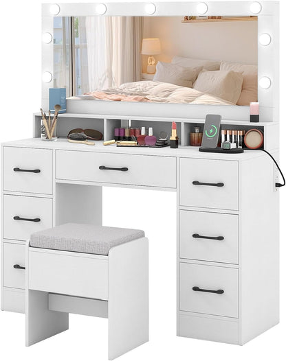 Dressing Table with Large Mirror and Cushioned Storage Stool