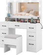 Dressing Table with Large Mirror and Cushioned Storage Stool