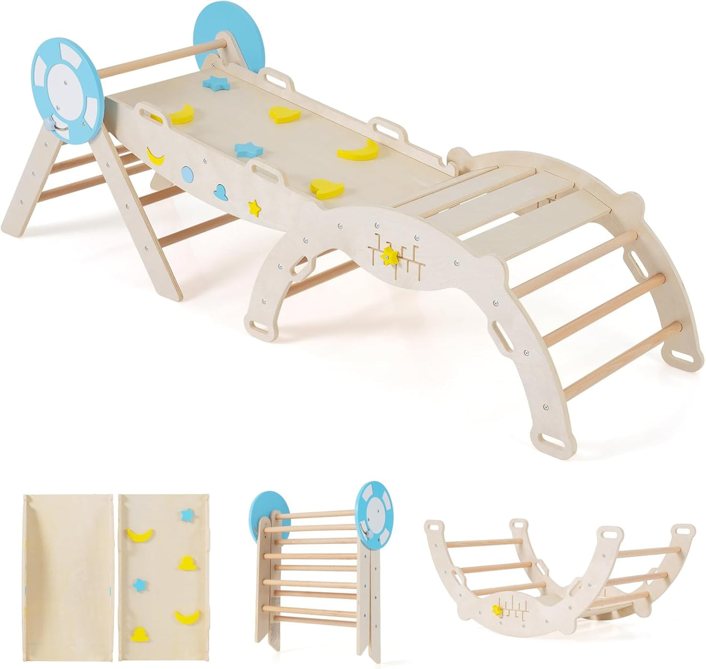 7 in 1 Kids Climbing Frame, Wooden Toddler Climbing Set with Reversible Ramp