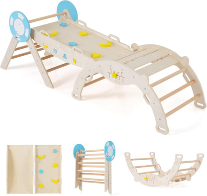 7 in 1 Kids Climbing Frame, Wooden Toddler Climbing Set with Reversible Ramp