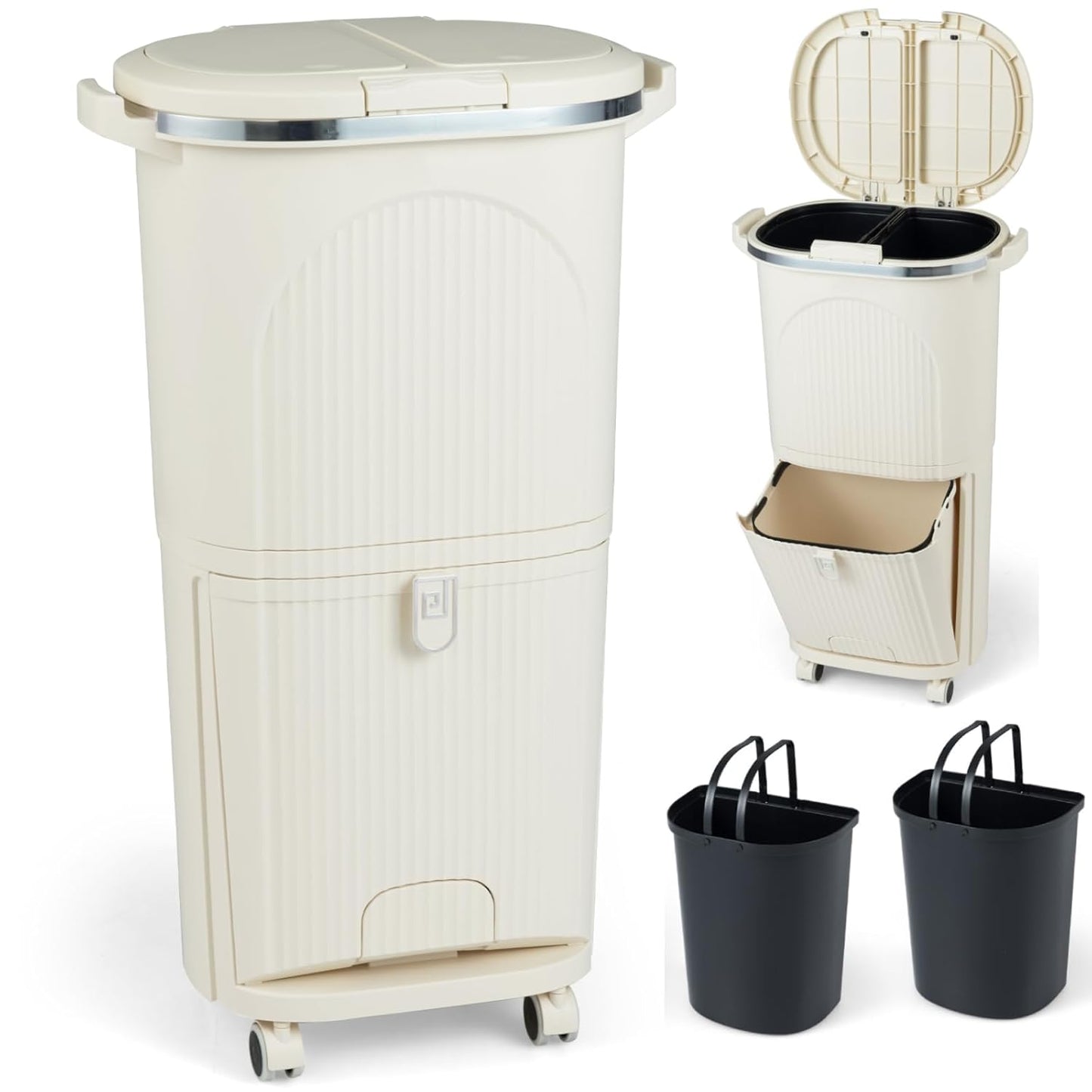 Recycling Bins, 38L Dry and Wet Separation Trash Can with 3 Compartments