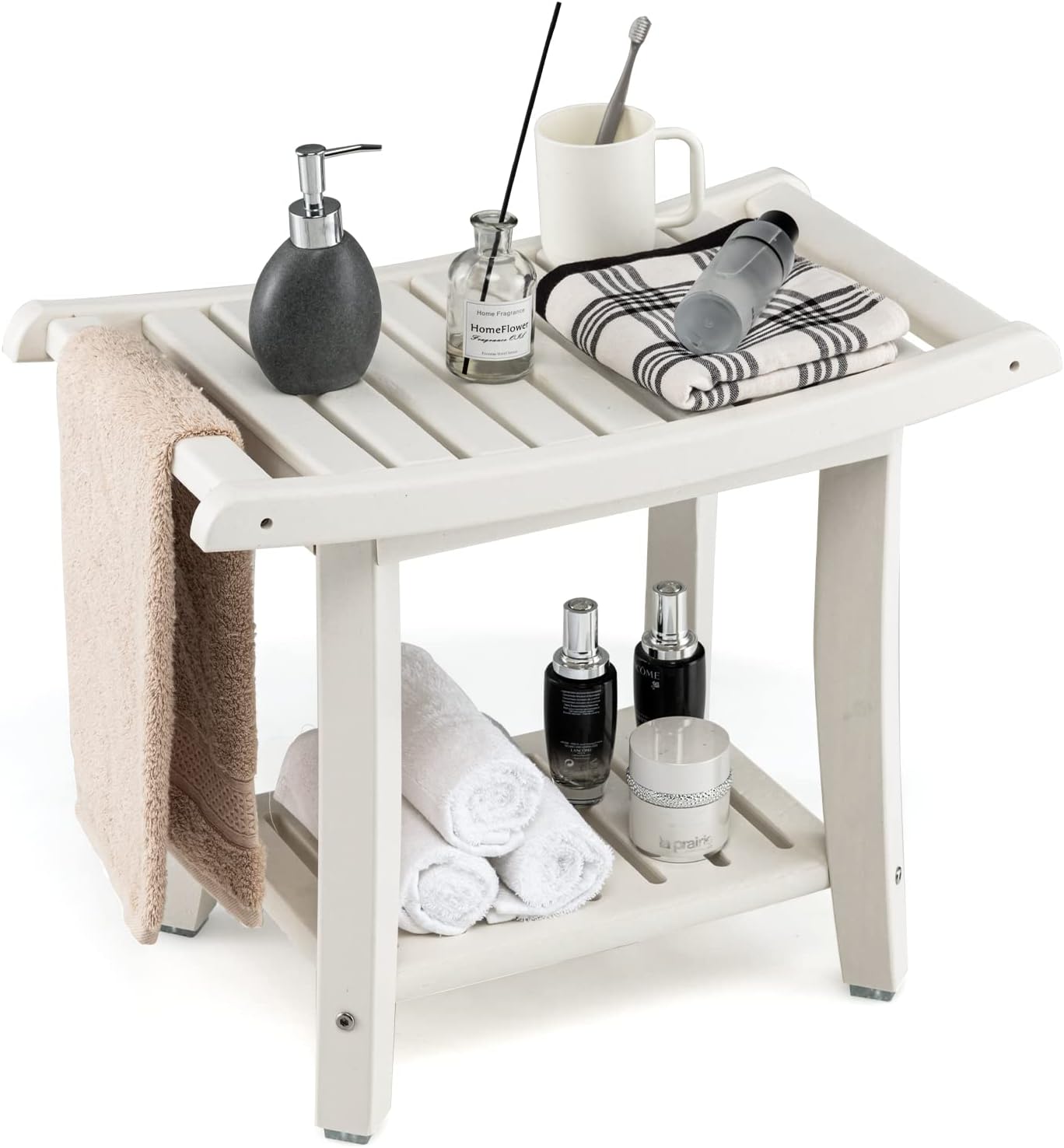 2-Tier Slatted Spa Bath Stool with Storage Shelf & Handles