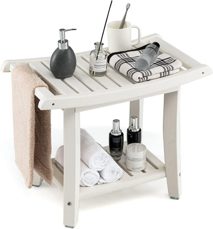 2-Tier Slatted Spa Bath Stool with Storage Shelf & Handles