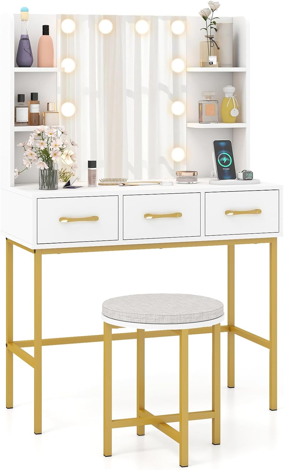 Makeup Dressing Table and Cushioned Stool Set with Power Outlets