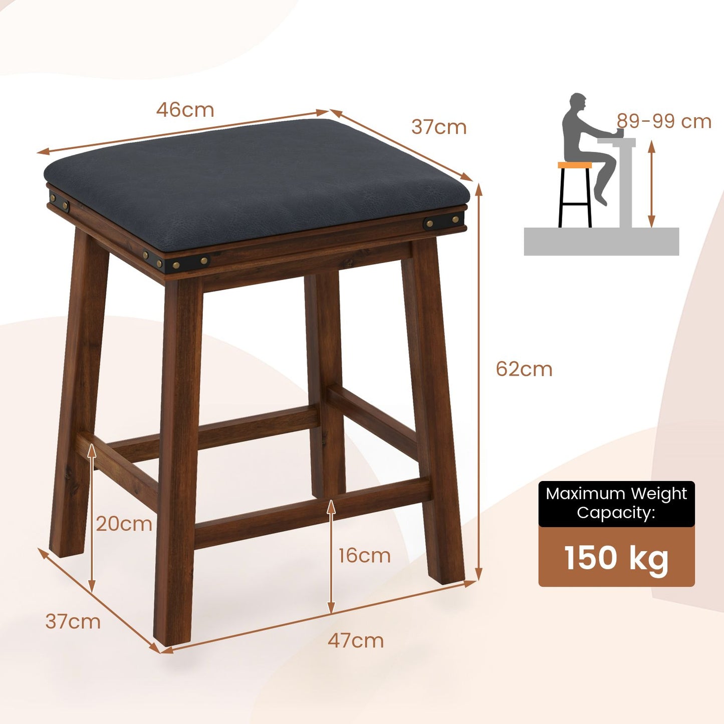 GiantexUK Bar Stools Set of 2, PU Leather Upholstered Kitchen Barstools with Acacia Wood Legs