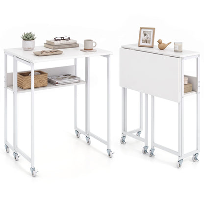 63 cm Small Folding Desk with Smooth Rolling Wheels and Storage Shelf for Home Office