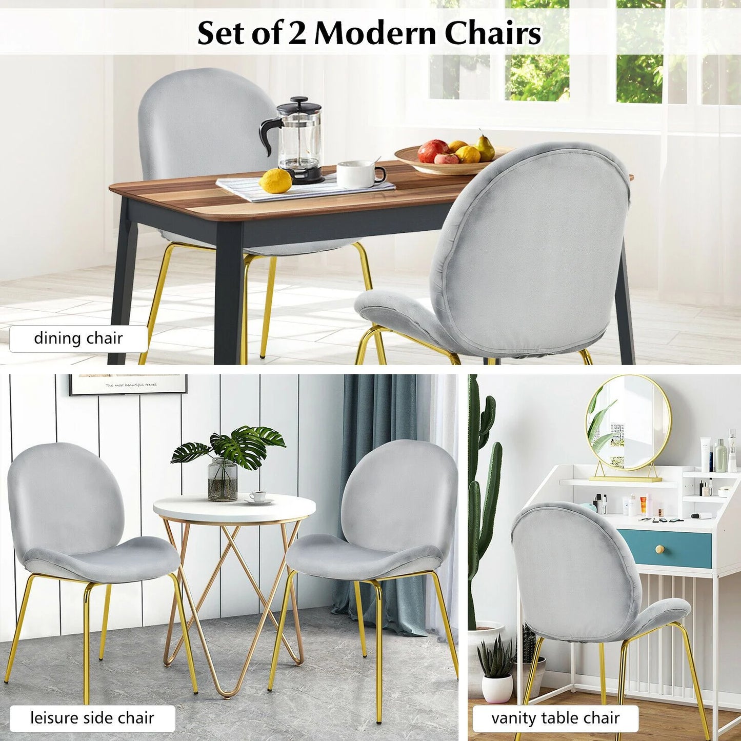 Set of 2 Velvet Dining Chair with Gold Metal Legs